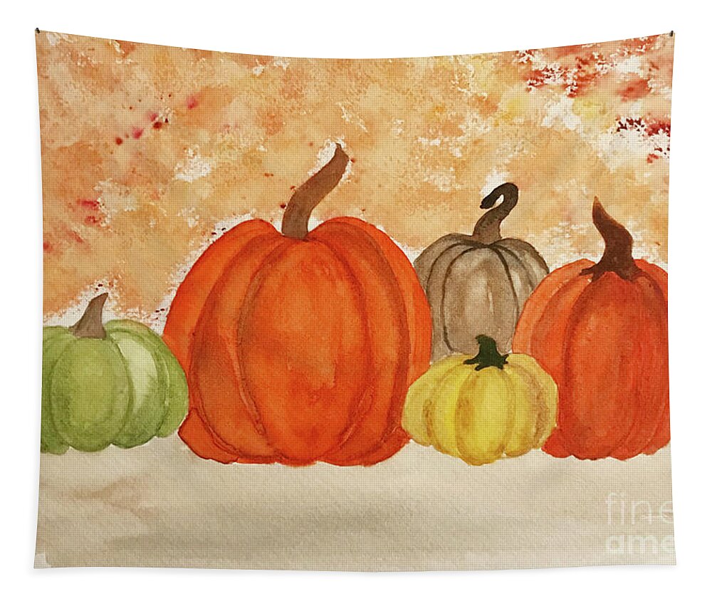 Pumpkins Tapestry featuring the painting 5 Pumpkins by Lisa Neuman