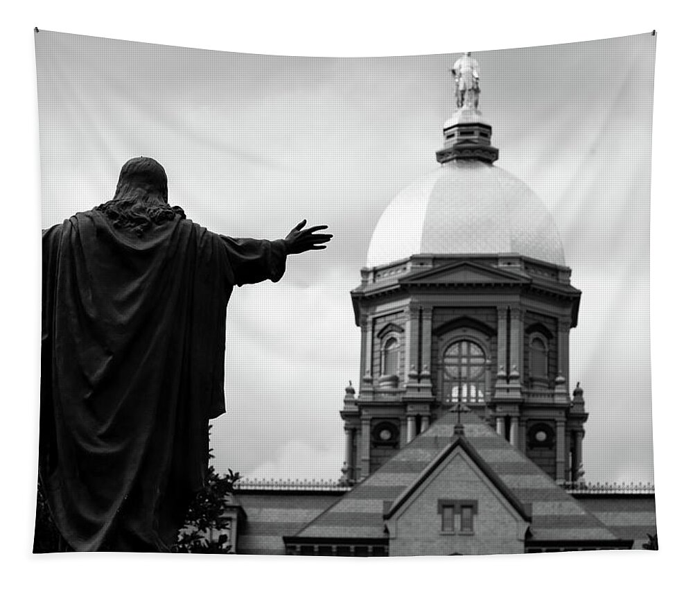 University Of Notre Dame Tapestry featuring the photograph University of Notre Dame Golden Dome in black and white #5 by Eldon McGraw