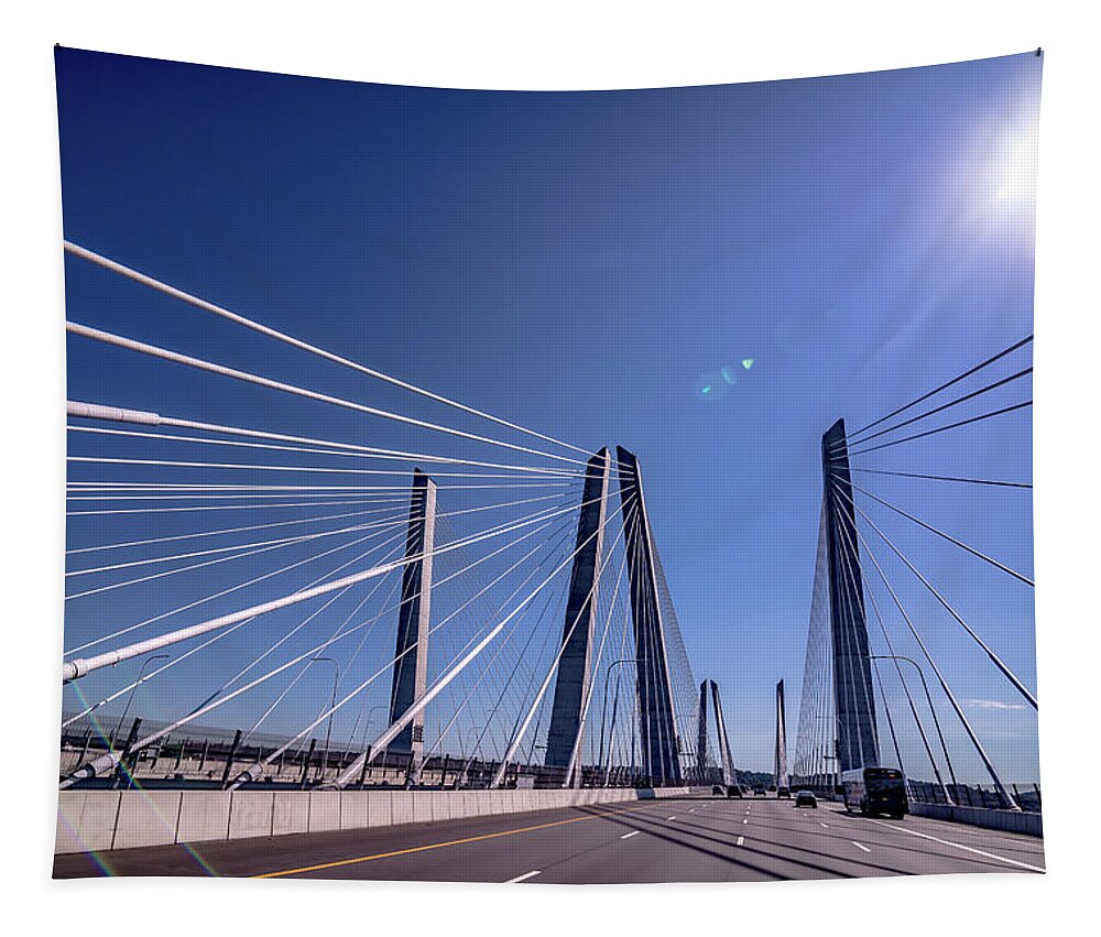 Street Tapestry featuring the photograph Crossing the Governor Mario M. Cuomo Bridge  #6 by Alex Grichenko