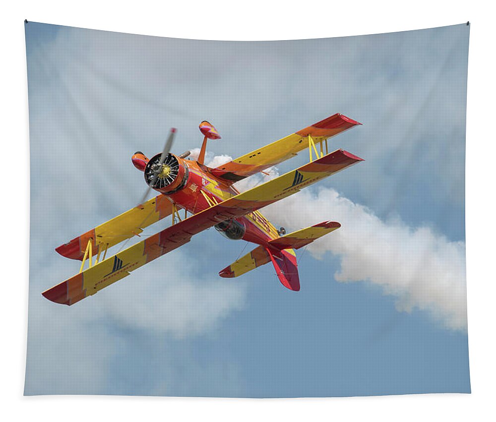 Red Tapestry featuring the photograph Red and Yellow Airplane by Carolyn Hutchins
