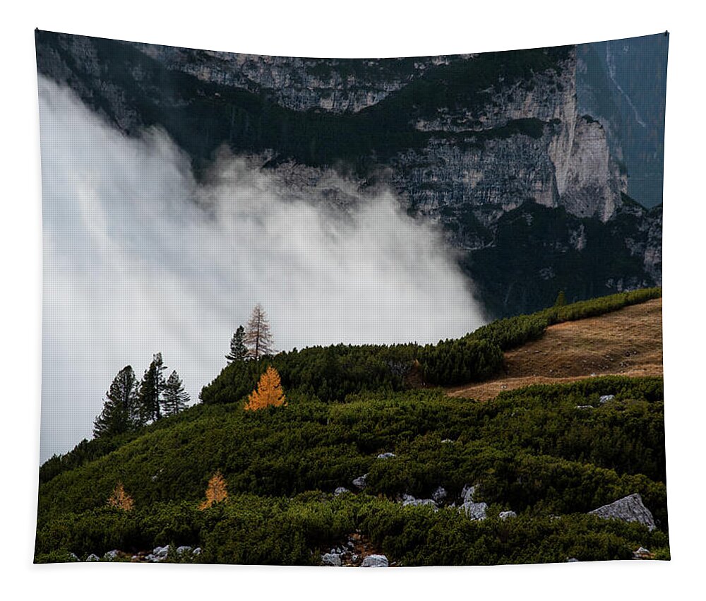 Italian Alps Tapestry featuring the photograph Mountain landscape with fog in autumn. Tre Cime dolomiti Italy. #8 by Michalakis Ppalis