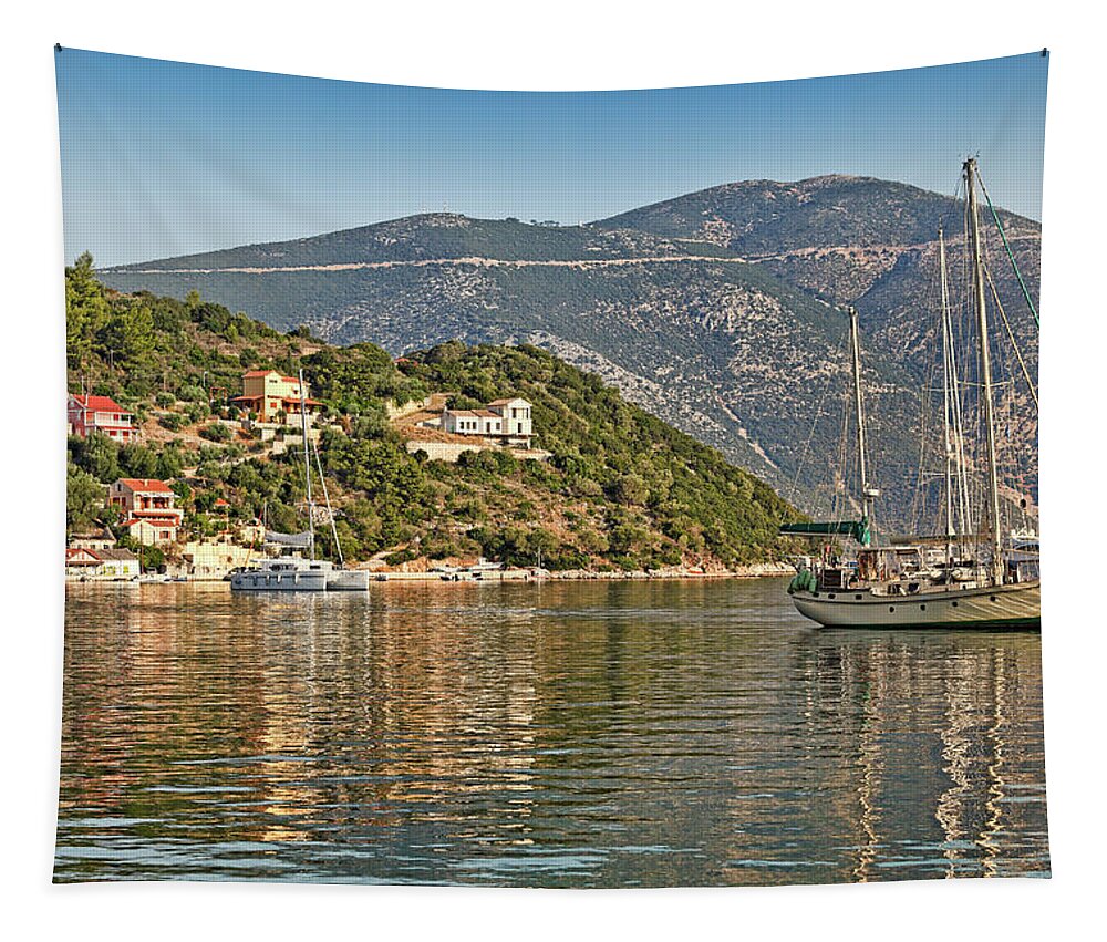 Vathi Tapestry featuring the photograph Vathy in Ithaki island, Greece #8 by Constantinos Iliopoulos