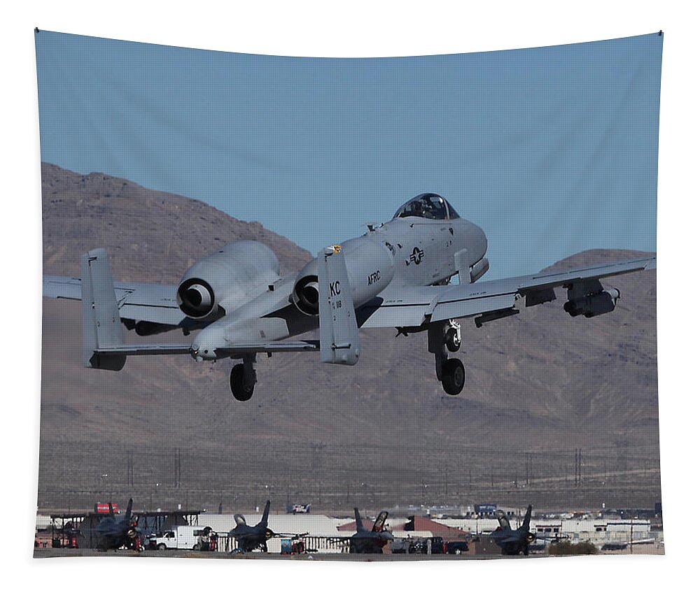 Warthog Tapestry featuring the photograph KC AFRC A-10 Warthog Departs Nellis by Custom Aviation Art