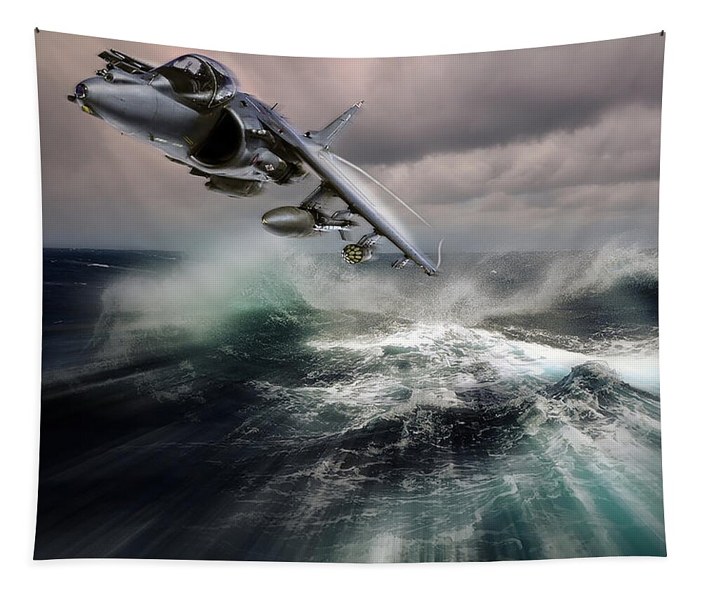 Harrier Tapestry featuring the digital art British Aerospace Harrier II GR9 Low Pass by Custom Aviation Art