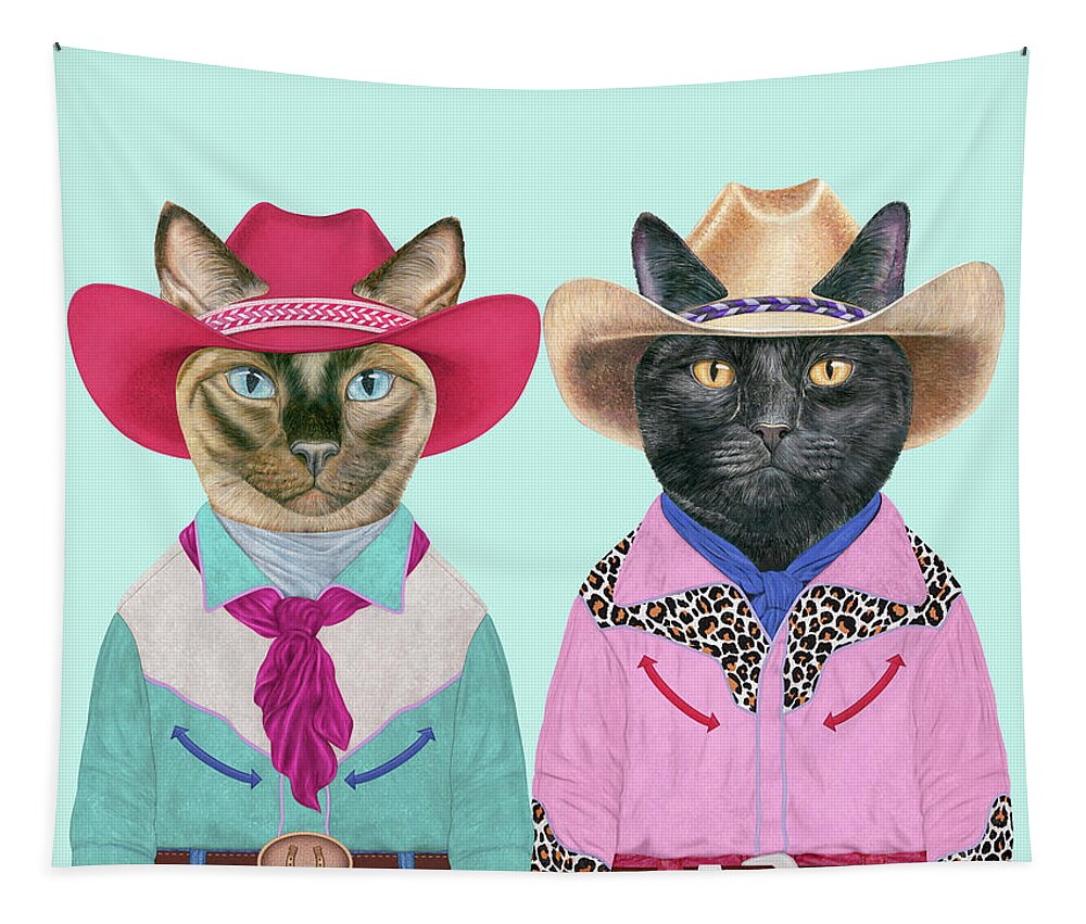 Cowboy Tapestry featuring the painting Rodeo Cats #9 by Animal Crew