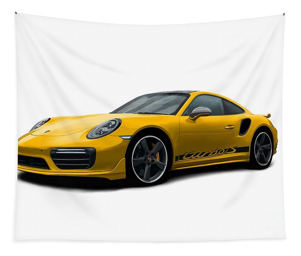 Sports Car Tapestry featuring the digital art 911 Turbo S Yellow by Moospeed Art