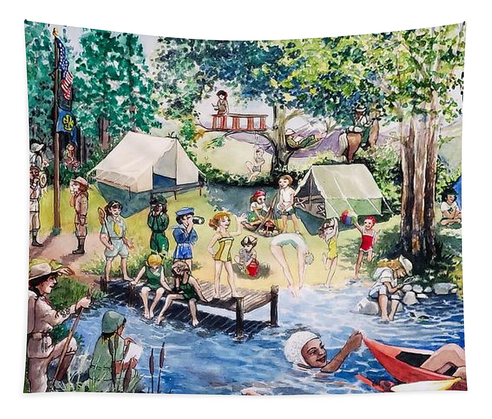 Girls Tapestry featuring the painting A century plus of outdoor fun for girls by Merana Cadorette