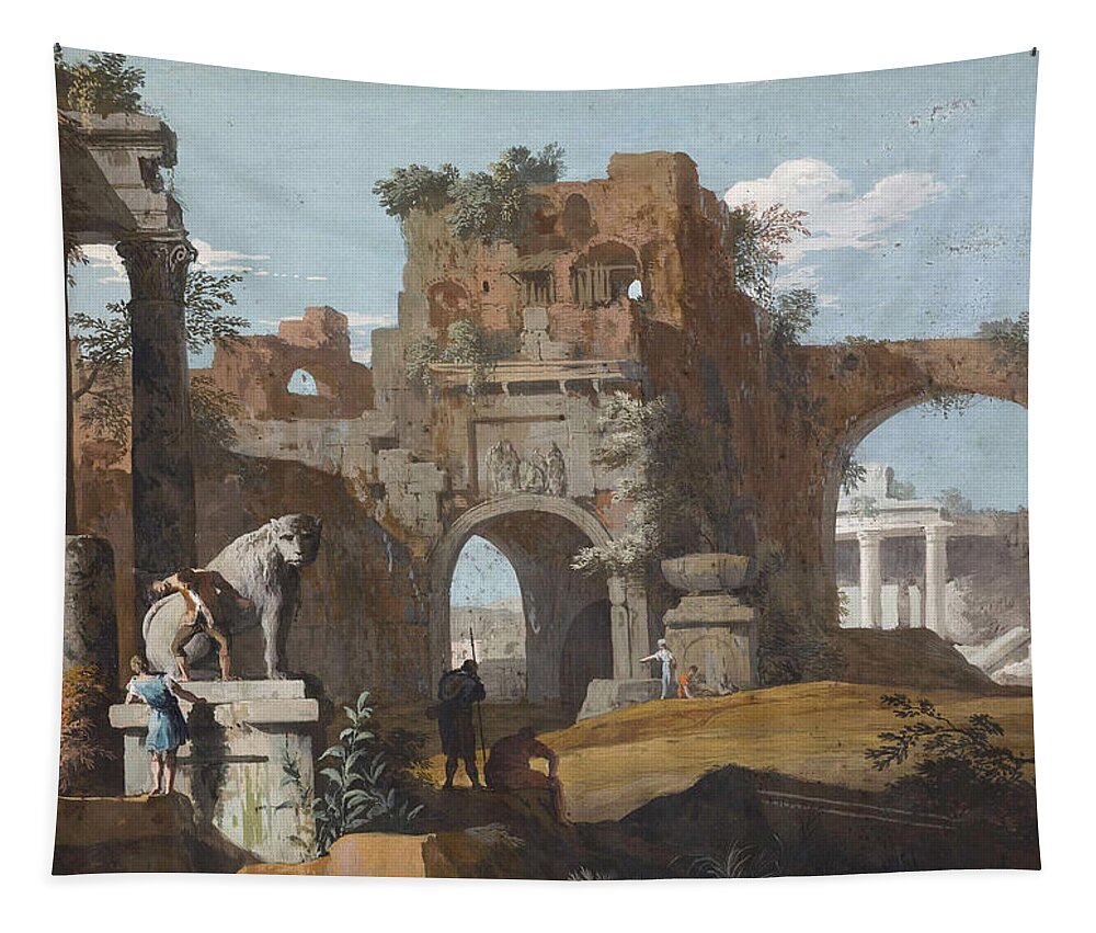 Marco Ricci Tapestry featuring the painting A Classical Landscape with Ruins by Marco Ricci