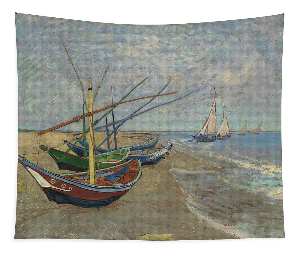 A Fishing Boat On The Beach At Les Saintes Maries De La Mer By  Vincent Van Gogh Tapestry featuring the painting A Fishing Boat on the Beach at Les Saintes Maries de la Mer by  Vincent Van Gogh by MotionAge Designs