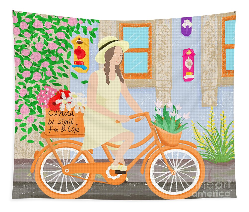 Girl Tapestry featuring the drawing A girl on a bicycle by Min Fen Zhu