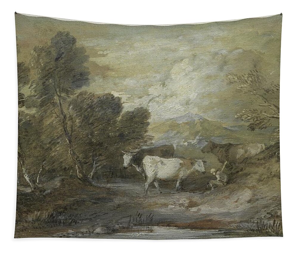 A Herdsman With Three Cows By An Upland Pool Mid 1780s Thomas Gainsborough British 1727 To 1788 Tapestry featuring the painting A Herdsman with Three Cows by an Upland Pool mid 1780s Thomas Gainsborough British 1727 to 1788 by MotionAge Designs