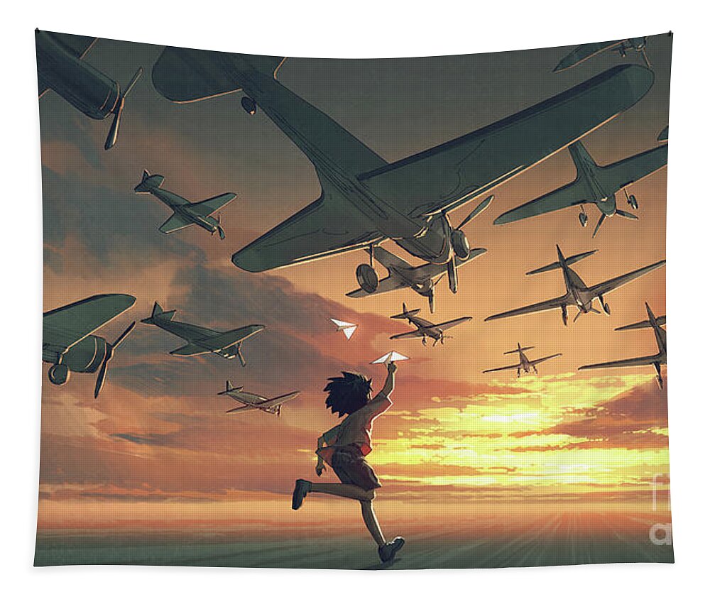Illustration Tapestry featuring the painting A Kid With The Big Dream by Tithi Luadthong