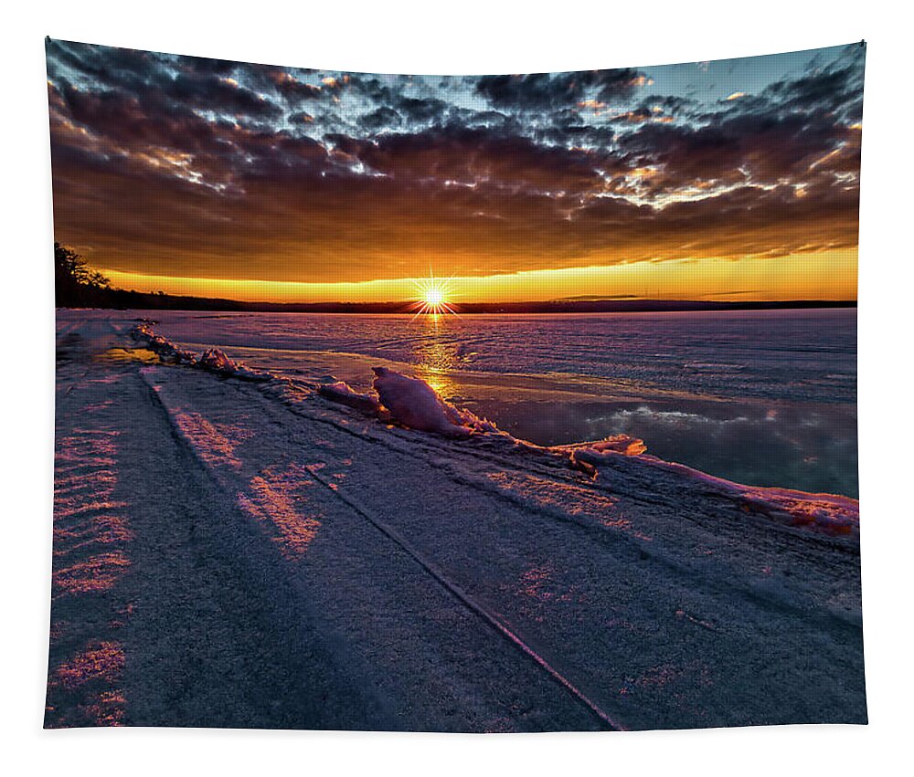 Sunset Tapestry featuring the photograph A little magic at this Icy Sunset by Joe Holley
