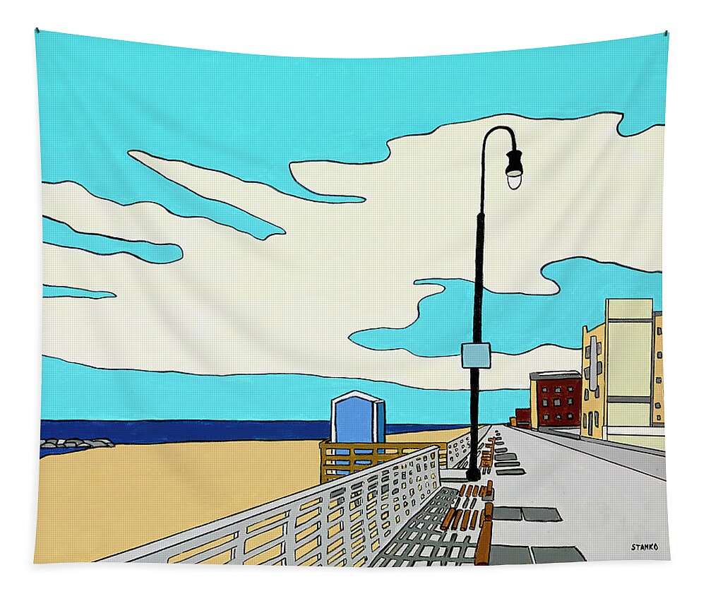 Long Beach Boardwalk Long Island Ocean Sand New York Beach Tapestry featuring the painting A Long Beach Morning by Mike Stanko