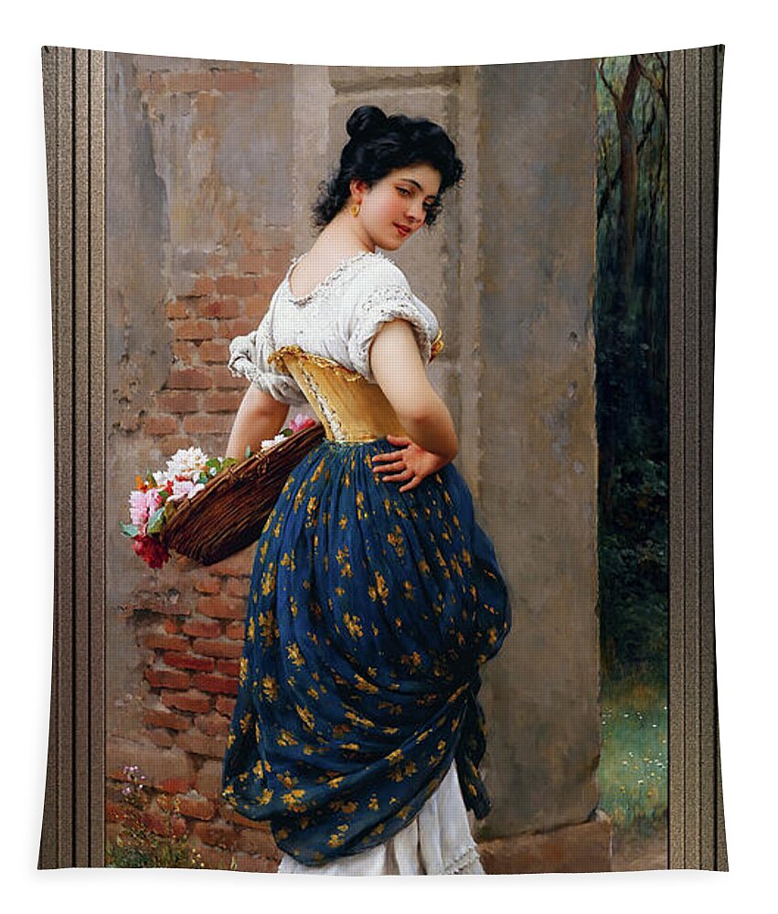 A Maiden With A Basket Of Roses Tapestry featuring the painting A Maiden With A Basket Of Roses by Eugen von Blaas Remastered Xzendor7 Classical Art Reproduction by Xzendor7