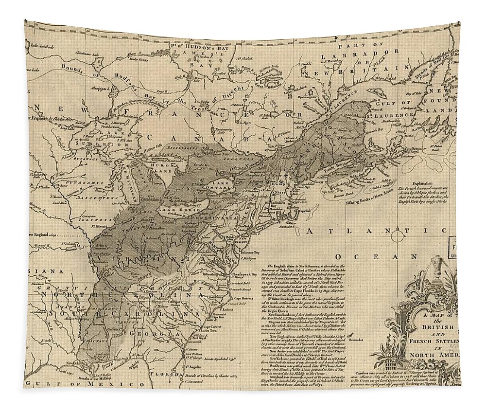 Map Tapestry featuring the painting A map of the British and French settlements in North America. LOC 74693889 by MotionAge Designs