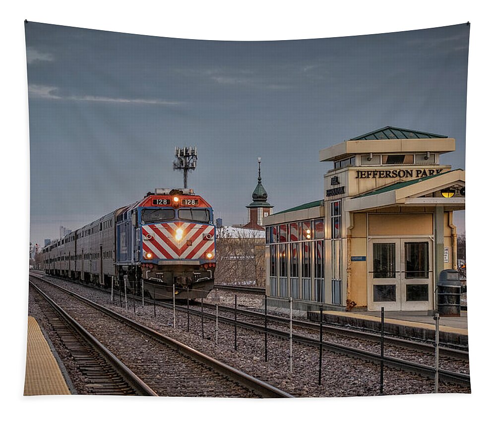 Railroad Tapestry featuring the photograph A Metra train arrives at Jefferson Park Chicago Illinois by Jim Pearson