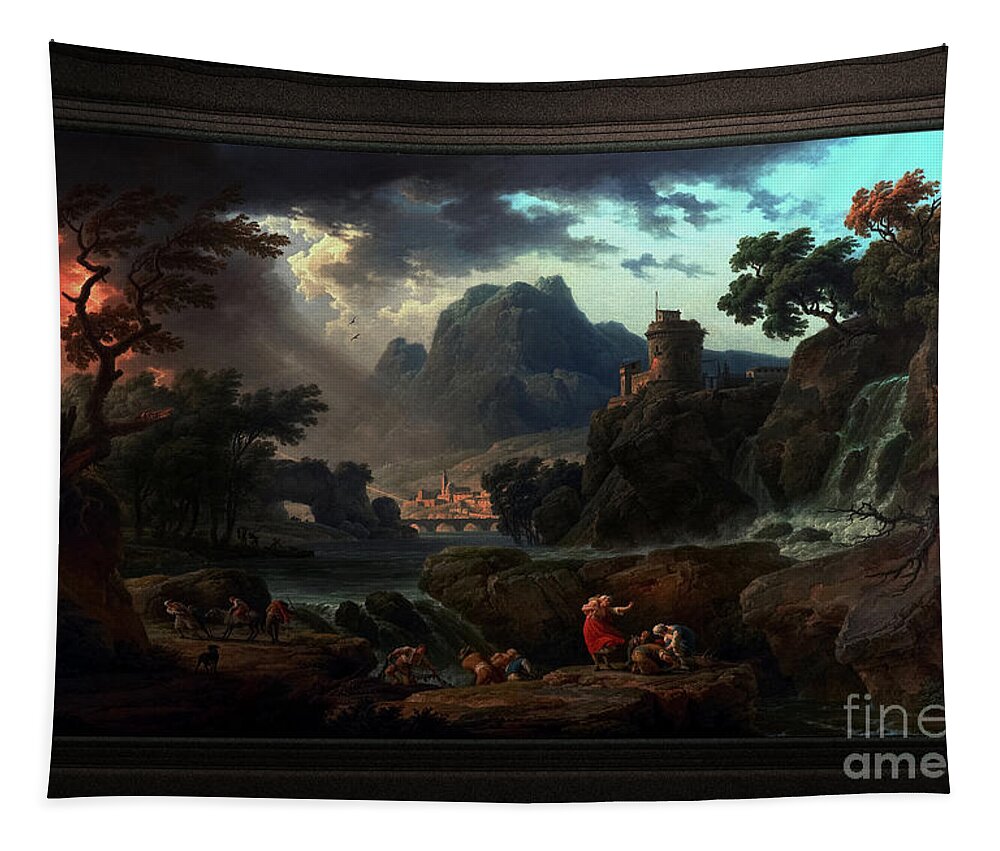 A Mountain Landscape With An Approaching Storm Tapestry featuring the painting A Mountain Landscape with an Approaching Storm by Claude Joseph Vernet Classical Fine Art Old Master by Rolando Burbon
