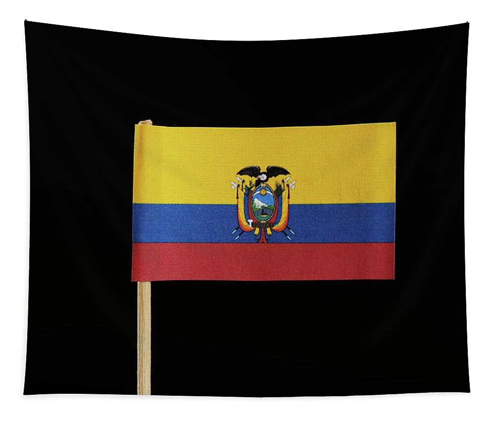 A national flag of Ecuador on toothpick on black background. A horizontal  tricolor of yellow, blue and red with the national coat of arms at the  center Tapestry by Vaclav Sonnek -