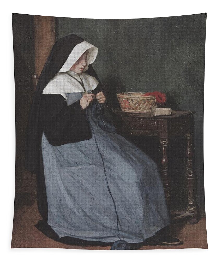 A Nun Seated At A Table Knitting 1862 Bonvin French 1817 To 1887 Tapestry featuring the painting A Nun Seated at a Table Knitting 1862 Bonvin French 1817 to 1887 by MotionAge Designs