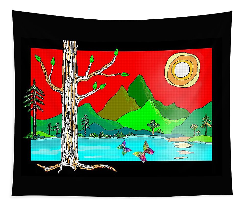 Tree Tapestry featuring the mixed media A Peaceful Butterfly World... by Hartmut Jager