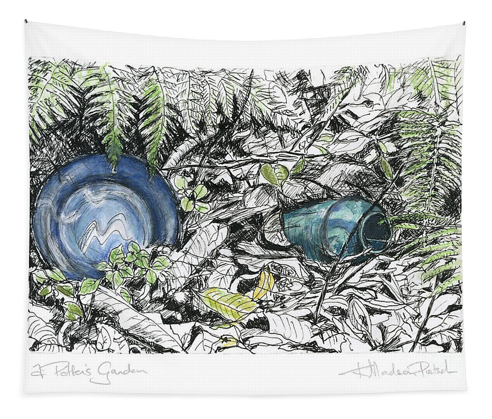 Fine Art Tapestry featuring the drawing A Potters Garden - Section 02 by Kerryn Madsen- Pietsch