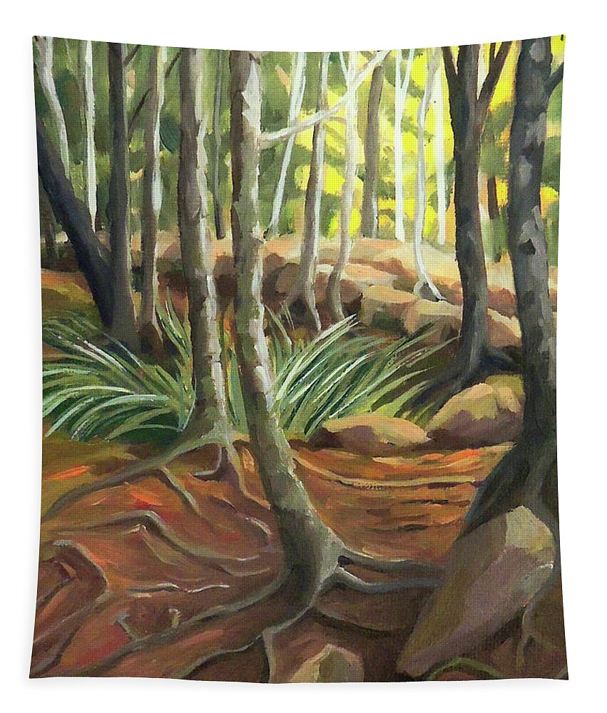 New Hampshire Tapestry featuring the painting A Rooted Path to the Clearing by Nancy Griswold