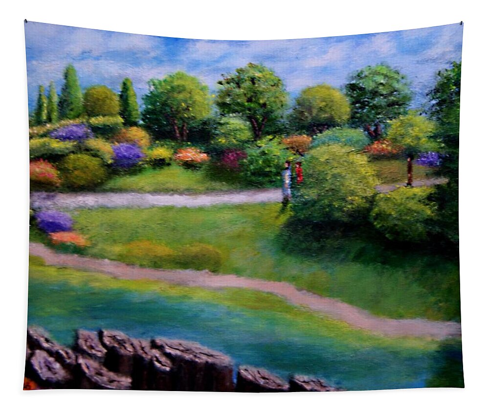 Landscape Tapestry featuring the painting Walking Through The Park by Gregory Dorosh