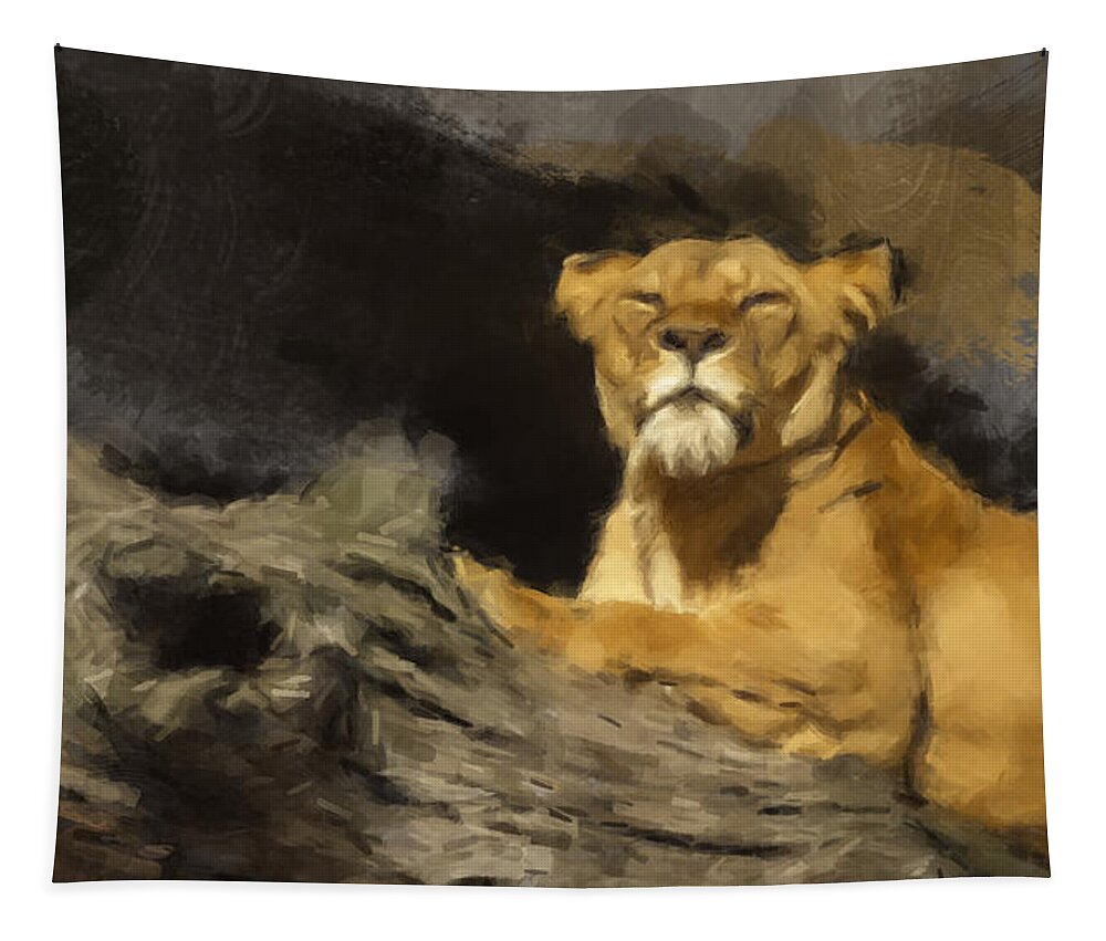 Lion Tapestry featuring the painting A Watchful Eye by Gary Arnold