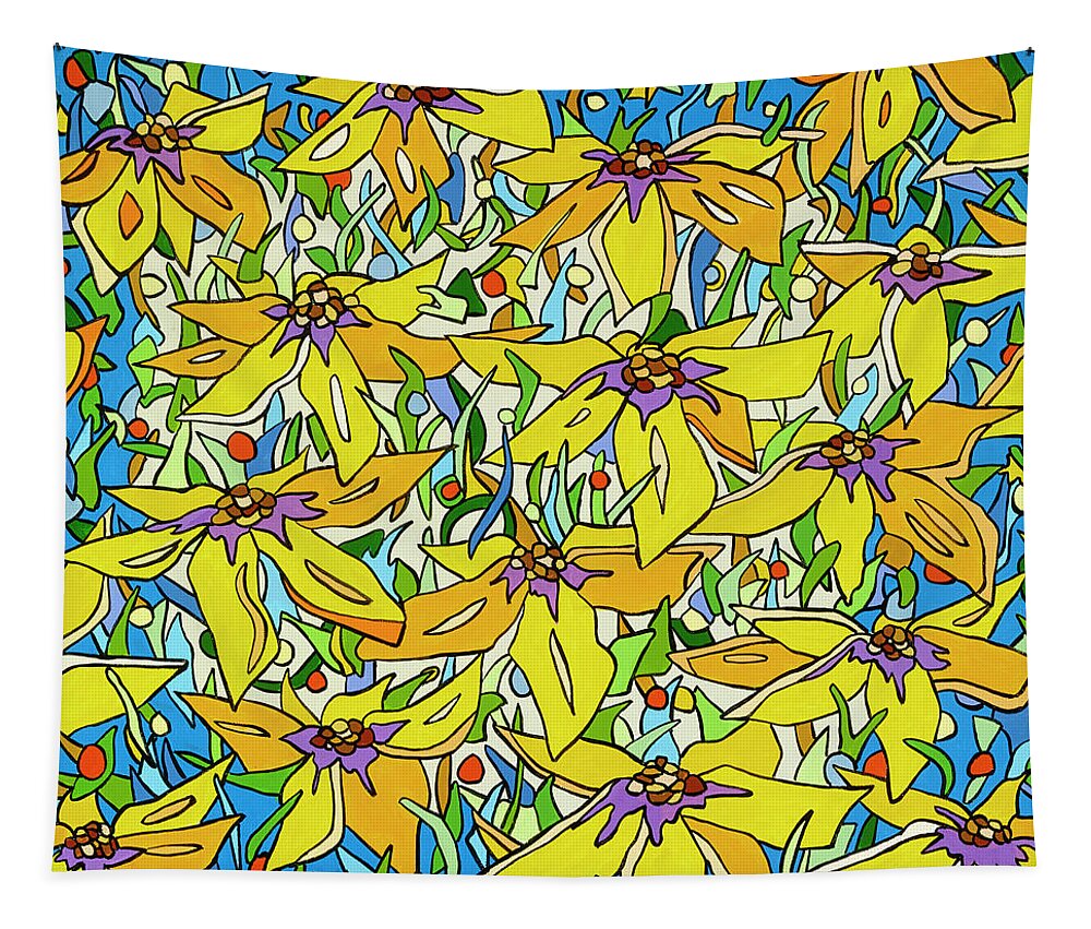 Flowers Yellow Tapestry featuring the painting A Yellow Flowerfield by Mike Stanko