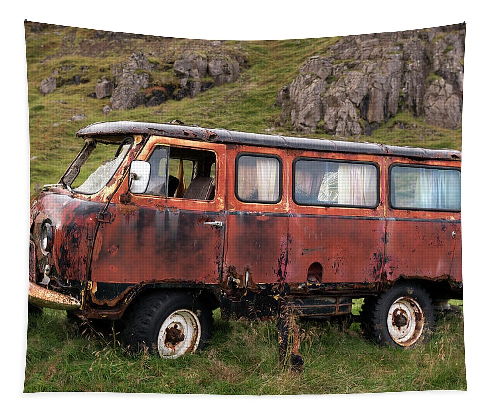 Van Tapestry featuring the photograph Abandoned off road van UAZ-452 in Seydisfjordur by RicardMN Photography