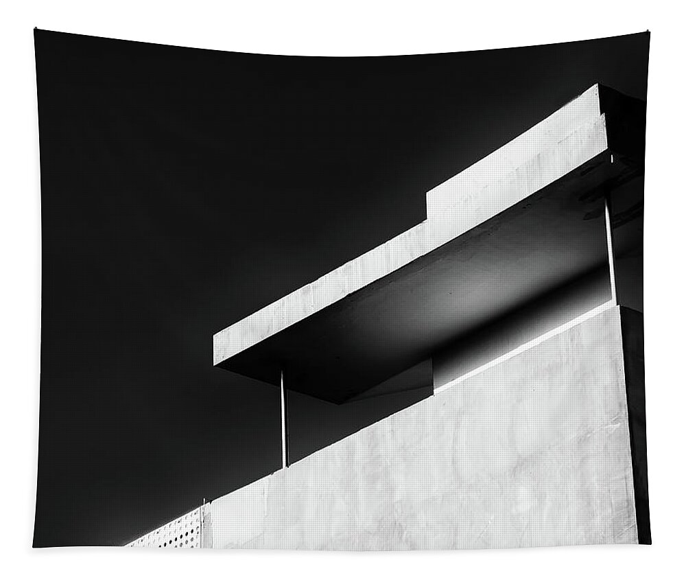 Black And White Tapestry featuring the photograph Abstract architecture design. Black and white futuristic exterior background. Black sky copy-space by Michalakis Ppalis