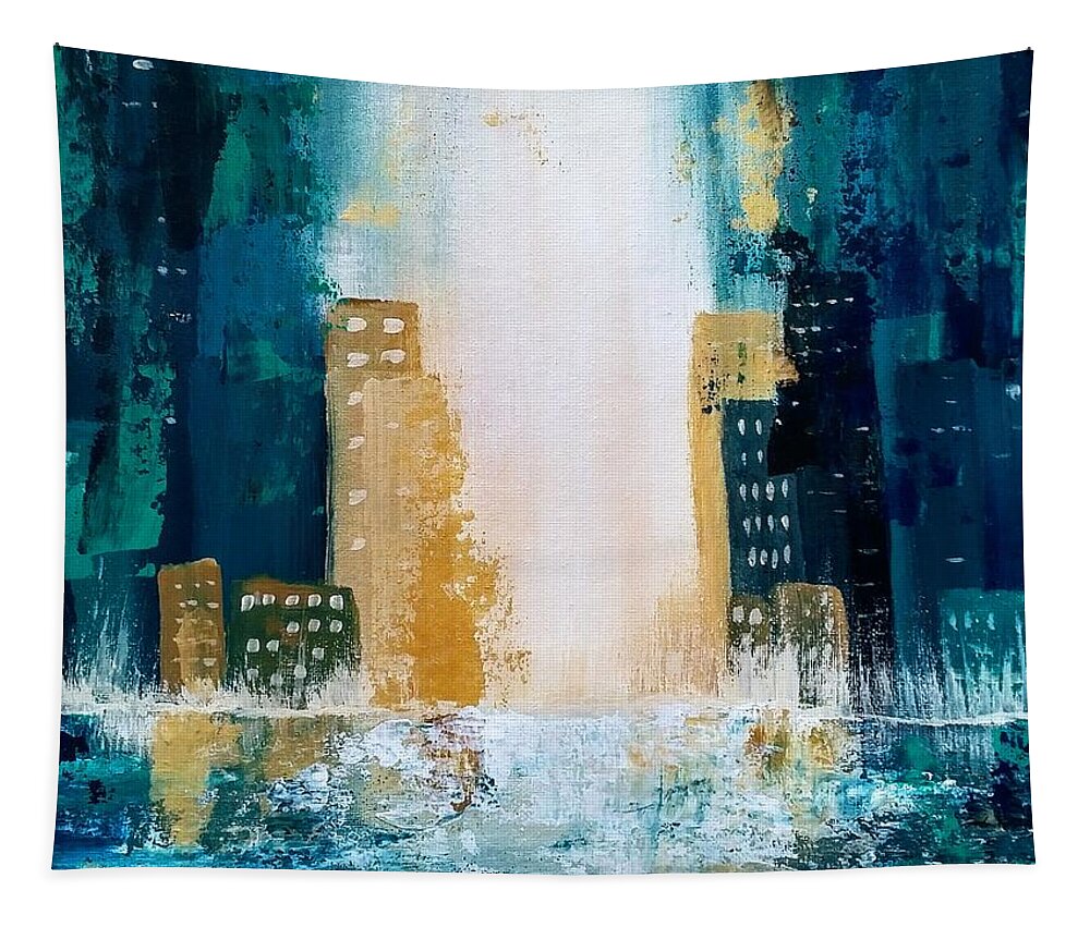Abstract Tapestry featuring the painting Abstract Cityscape 2 by Lynne McQueen