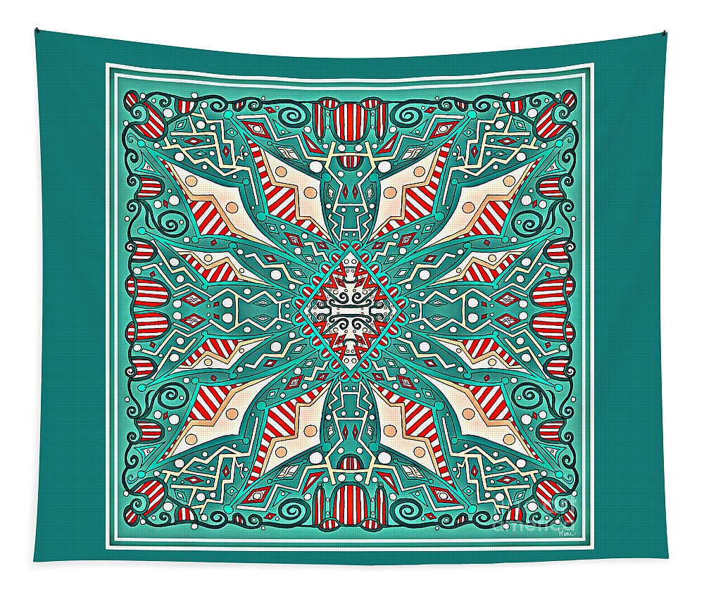 Geometric Abstract Design Tapestry featuring the mixed media Abstract Geometric Design, Green on Green with Red and White Stripes by Lise Winne