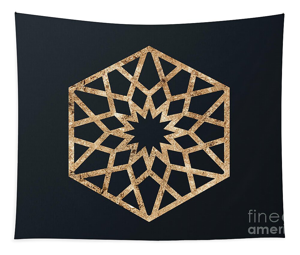 Glyph Tapestry featuring the mixed media Abstract Geometric Gold Glyph Art on Dark Teal Blue 420 Horizontal by Holy Rock Design