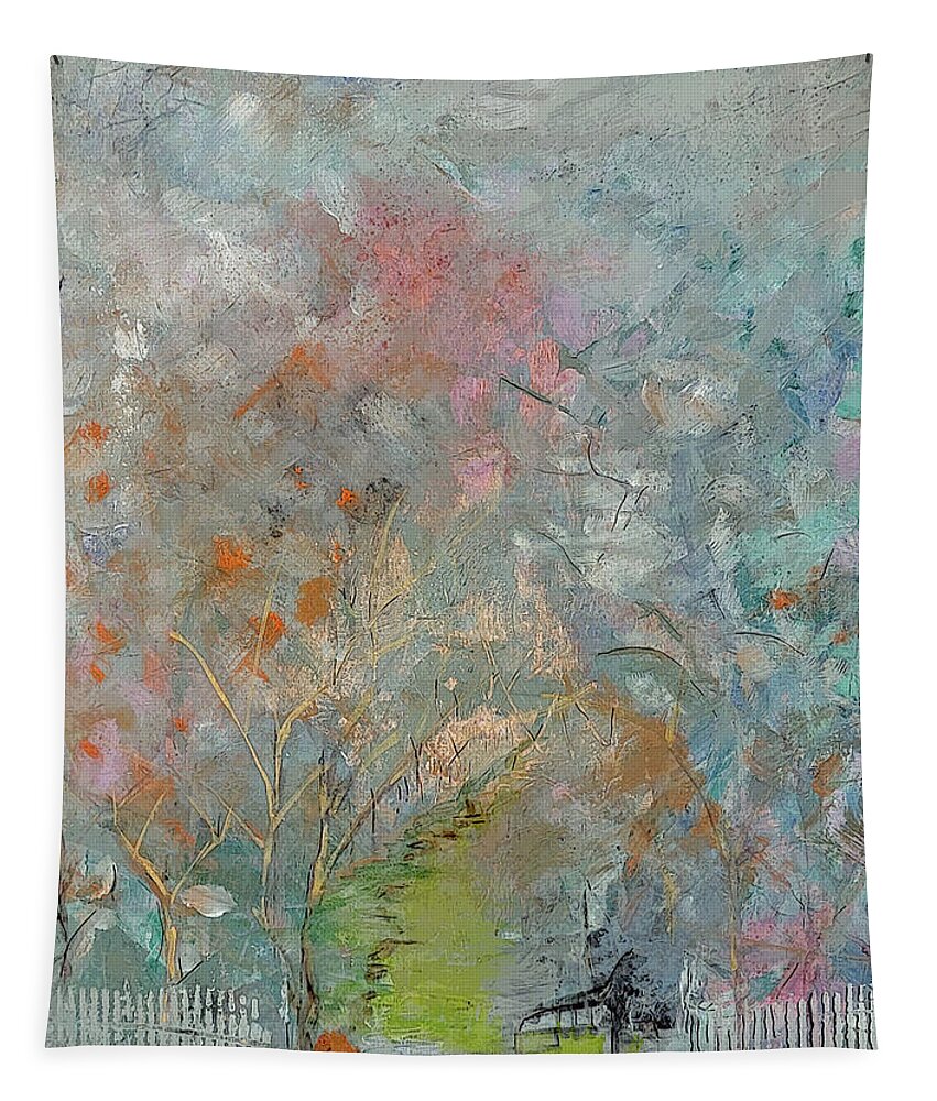 Landscape Tapestry featuring the painting Abstract Landscape with Fence by Lisa Kaiser
