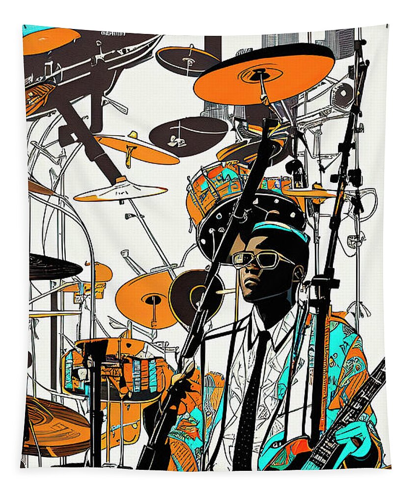 Music City Tapestry featuring the digital art Abstract Surreal Drummer Music Modern Art by Ginette Callaway