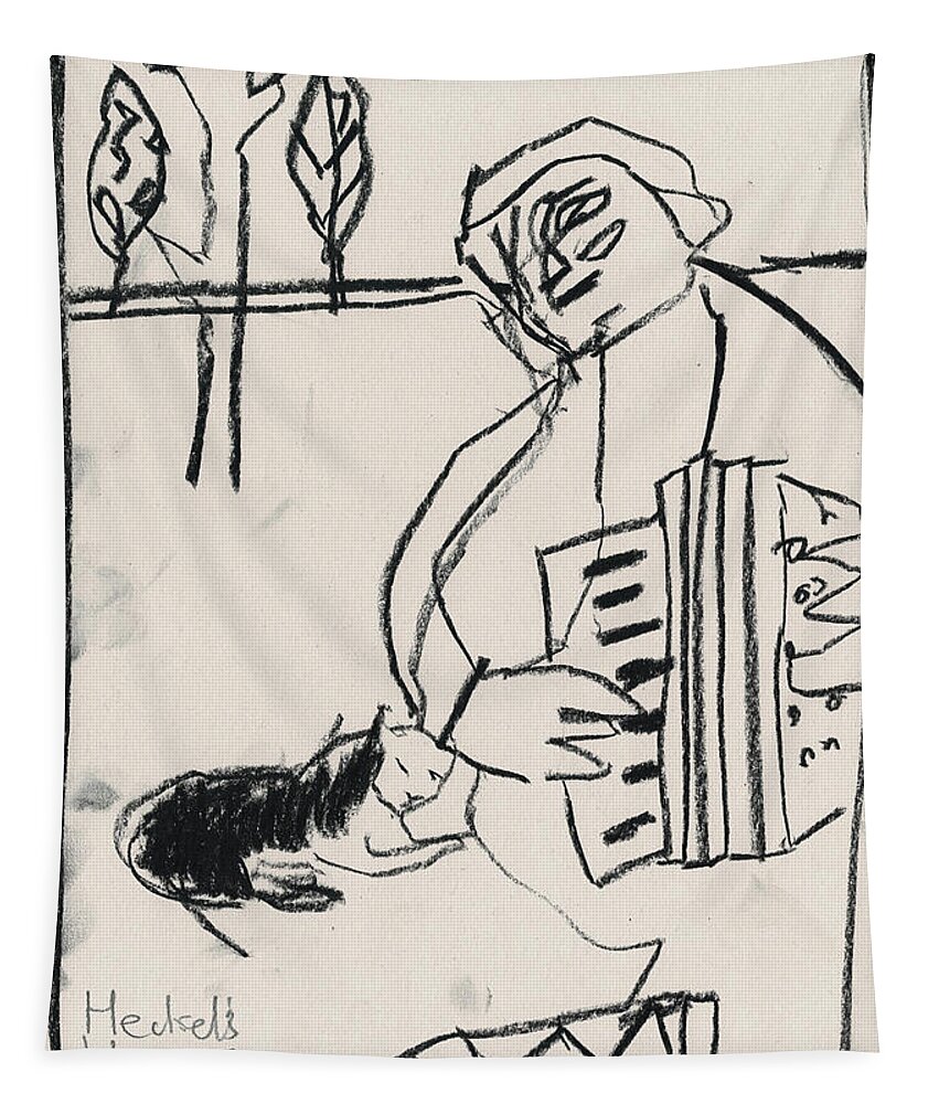 Accordian Tapestry featuring the drawing Accordian Charcoal Sketch by Edgeworth Johnstone