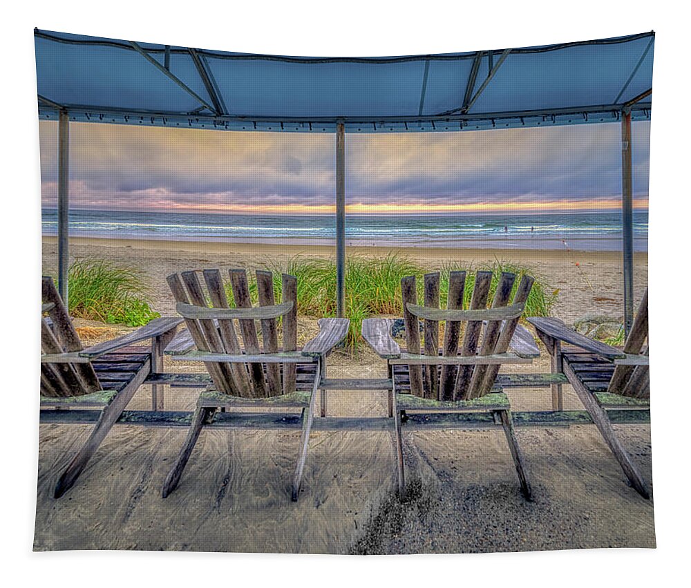 Ogunquit Beach Tapestry featuring the photograph Adirondack Chairs with a View by Penny Polakoff