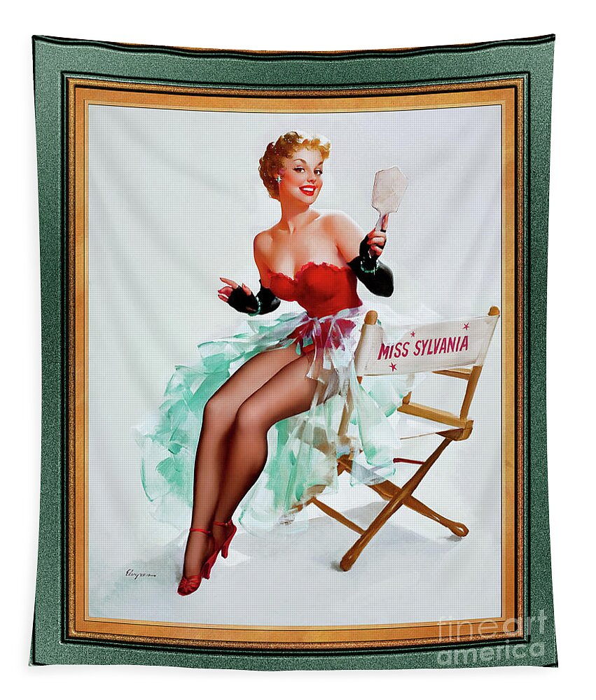 Admiring Miss Sylvania Tapestry featuring the painting Admiring Miss Sylvania by Gil Elvgren Vintage Xzendor7 Old Masters Reproductions by Rolando Burbon