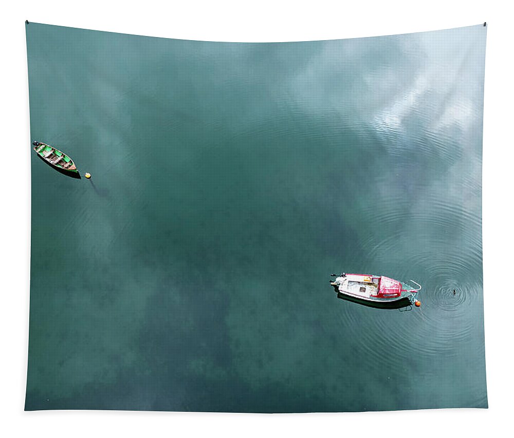 Above Tapestry featuring the photograph Aerial, drone image of two fishing boats in water by Michalakis Ppalis