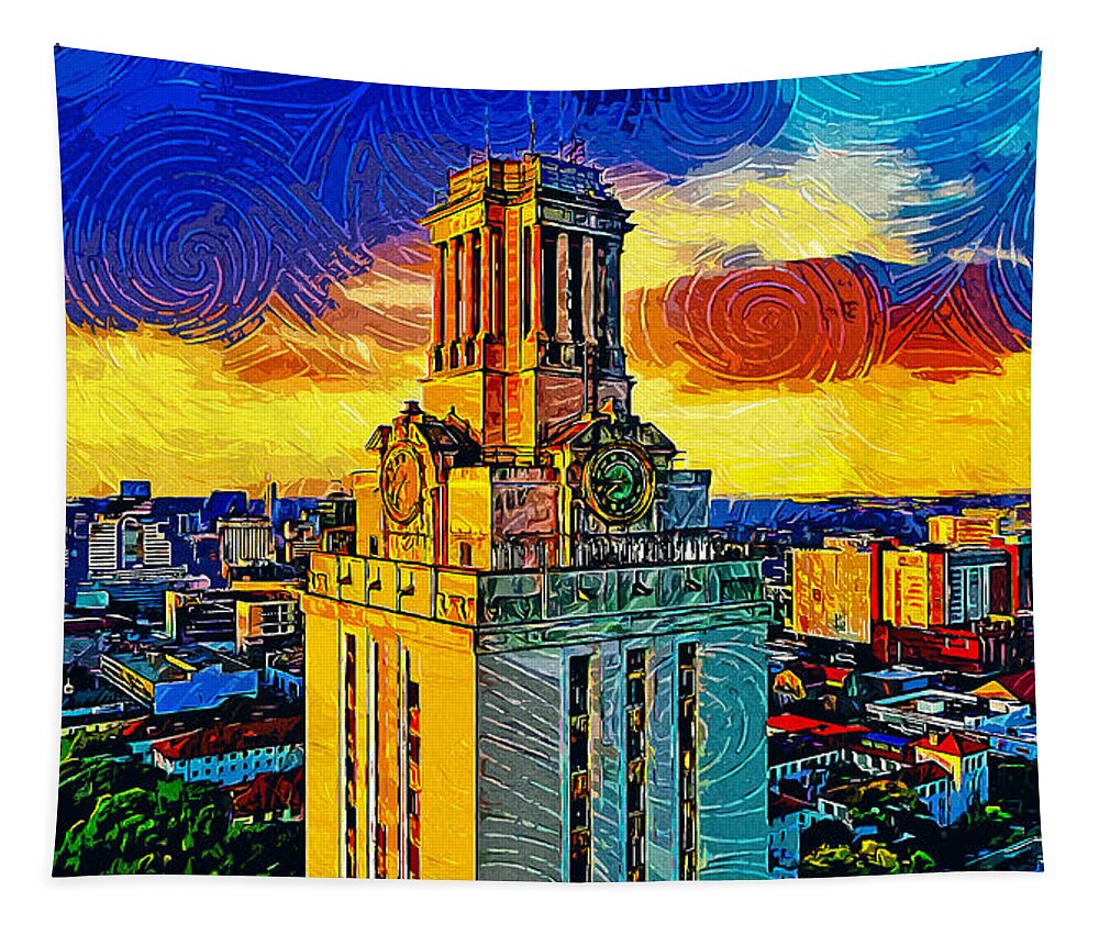 Main Building Tapestry featuring the digital art Aerial of the Main Building of the University of Texas at Austin - impressionist painting by Nicko Prints