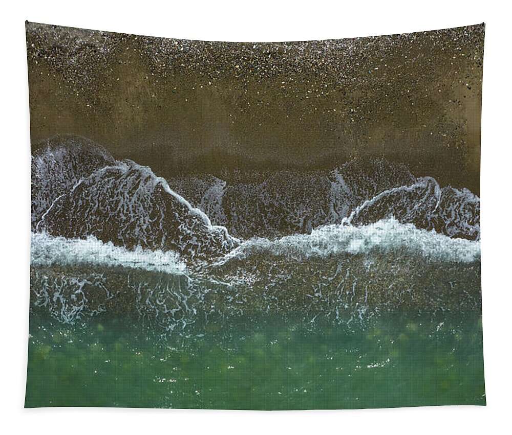 Waves Tapestry featuring the photograph Aerial view ocean waves braking on a sandy beach. Nature background by Michalakis Ppalis
