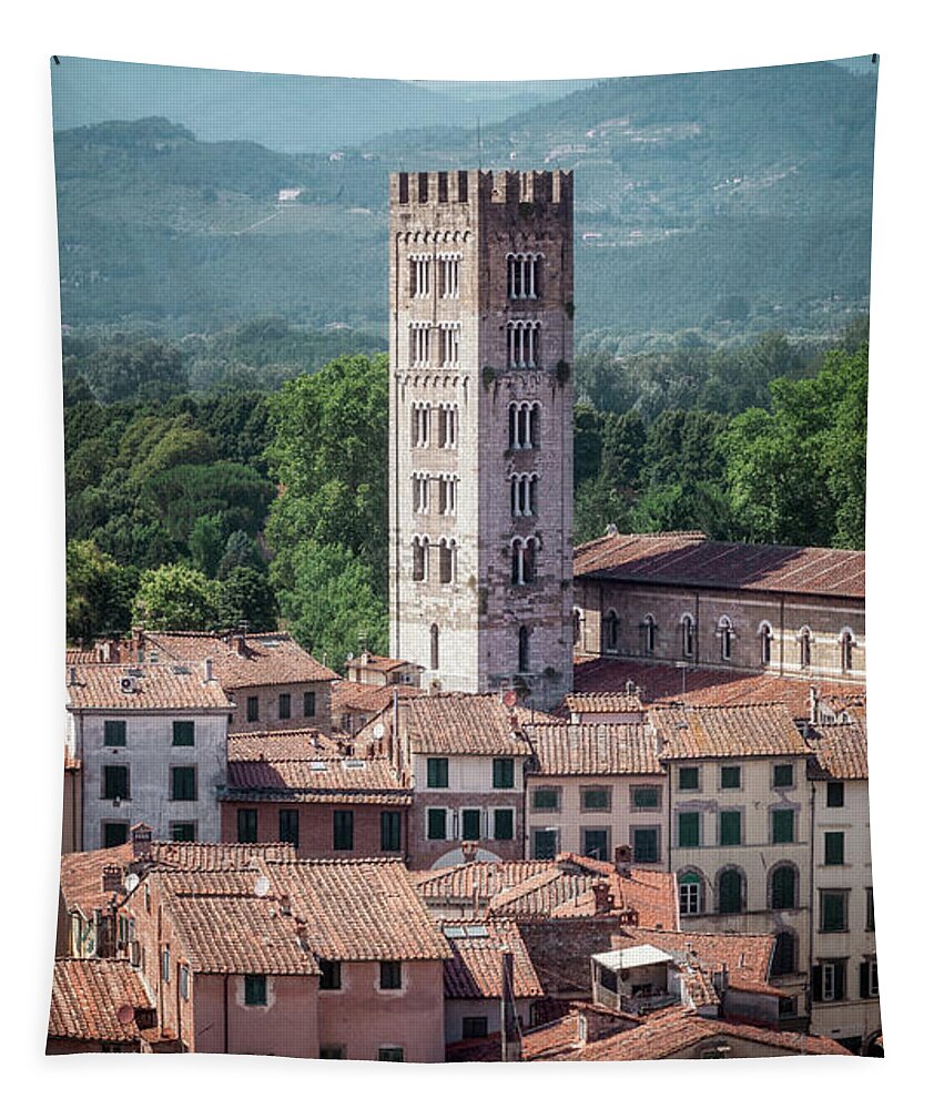 2015 Tapestry featuring the photograph Aerial view of the city of Lucca in Tuscany by Benoit Bruchez