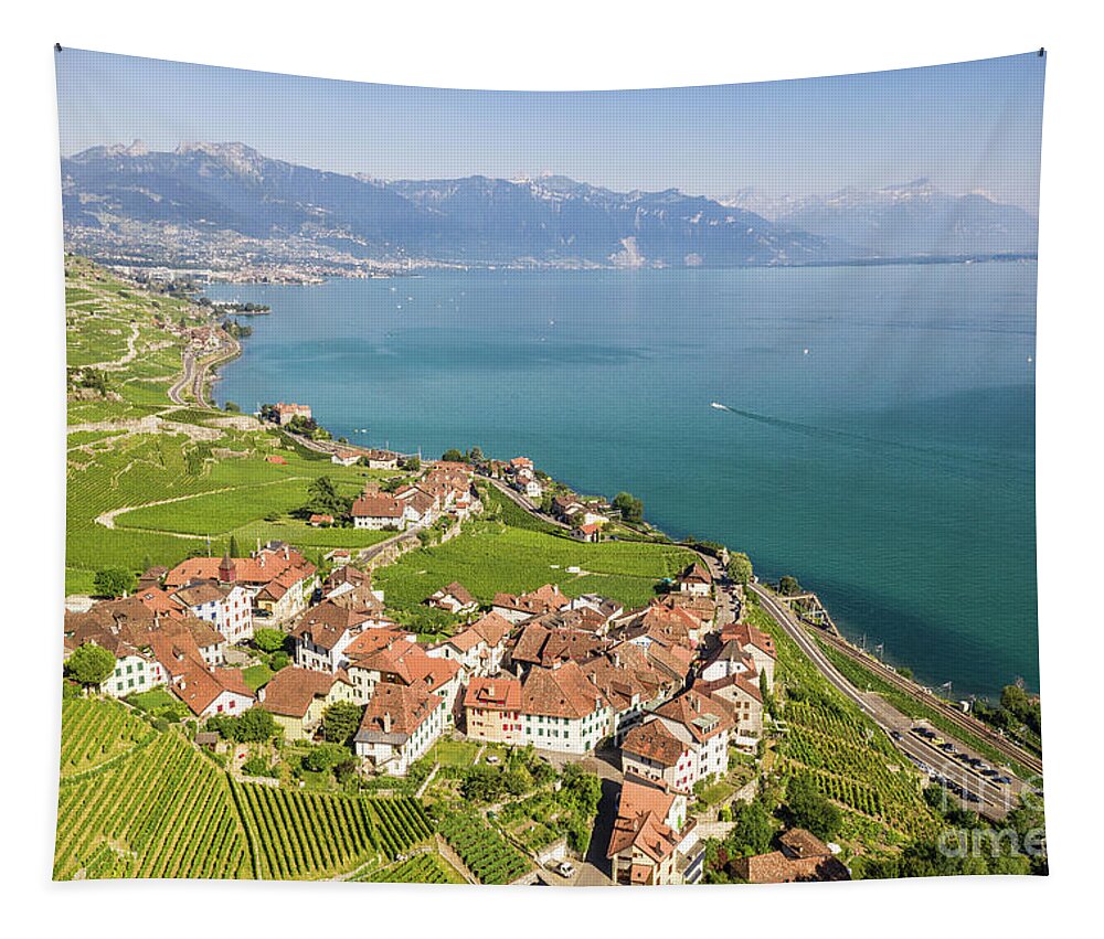 Europe Tapestry featuring the photograph Aerial view of the famous Lavaux vineyard in Switzerland by Didier Marti