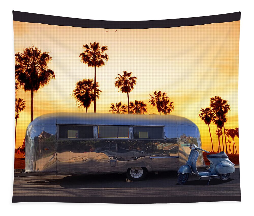 Sunset Tapestry featuring the photograph Airstream trailer and Vespa Scooter at Sunset by Larry Butterworth