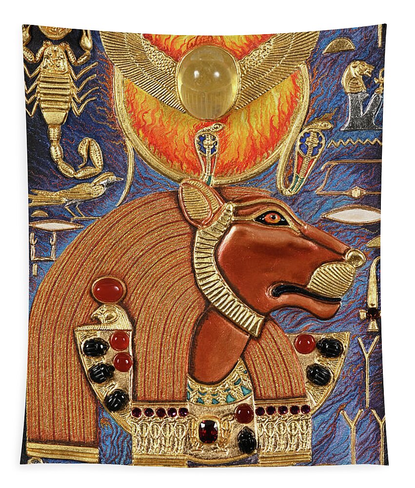 Ancient Tapestry featuring the mixed media Akem-Shield of Sekhmet Who Incinerates the Rebels by Ptahmassu Nofra-Uaa