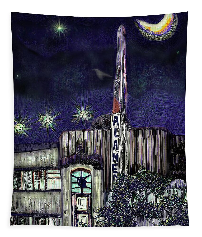 Alameda Tapestry featuring the digital art Alameda Theater at Night by Angela Weddle