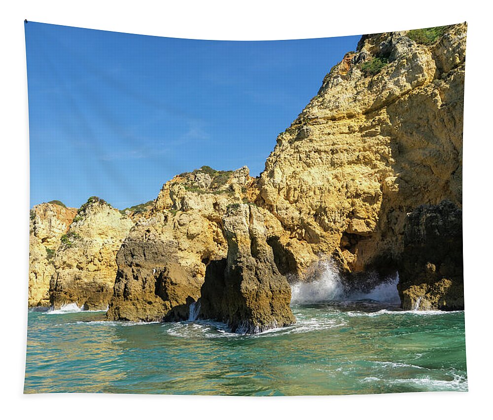 Algarve Sail Tapestry featuring the photograph Algarve Gold Coast Sail - Breaking Waves Jewel Toned Ocean and Tall Cliffs in Lagos Portugal by Georgia Mizuleva
