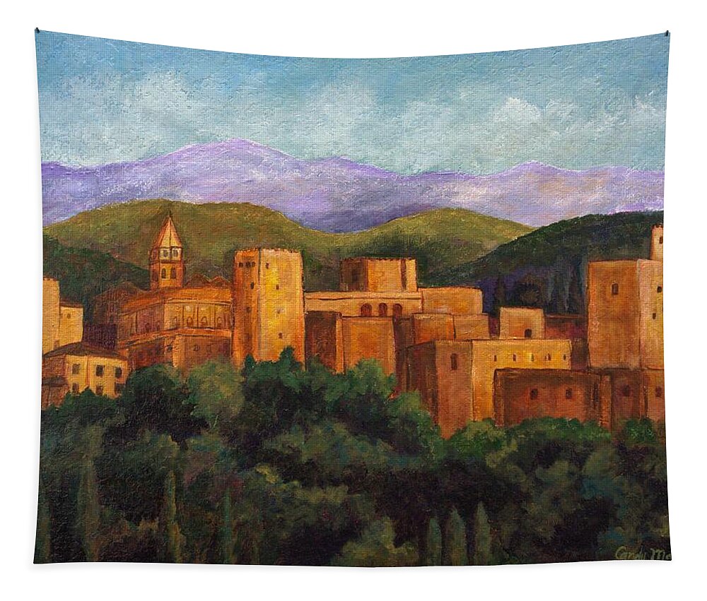 Alhambra Landscape Tapestry featuring the painting Alhambra at Sunset by Candy Mayer